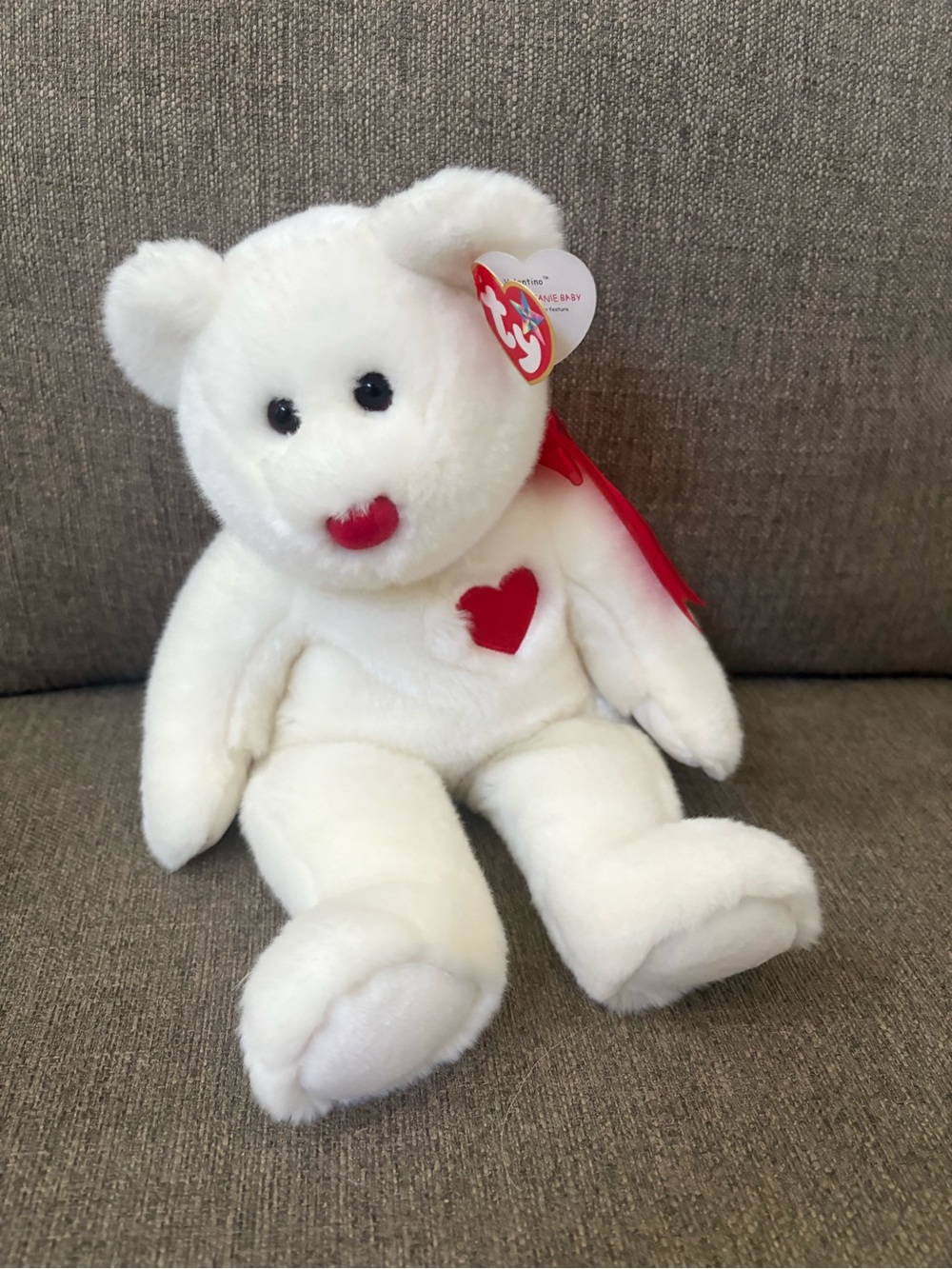 Valentino by Valentino White Plush Bear with Red Heart Accent